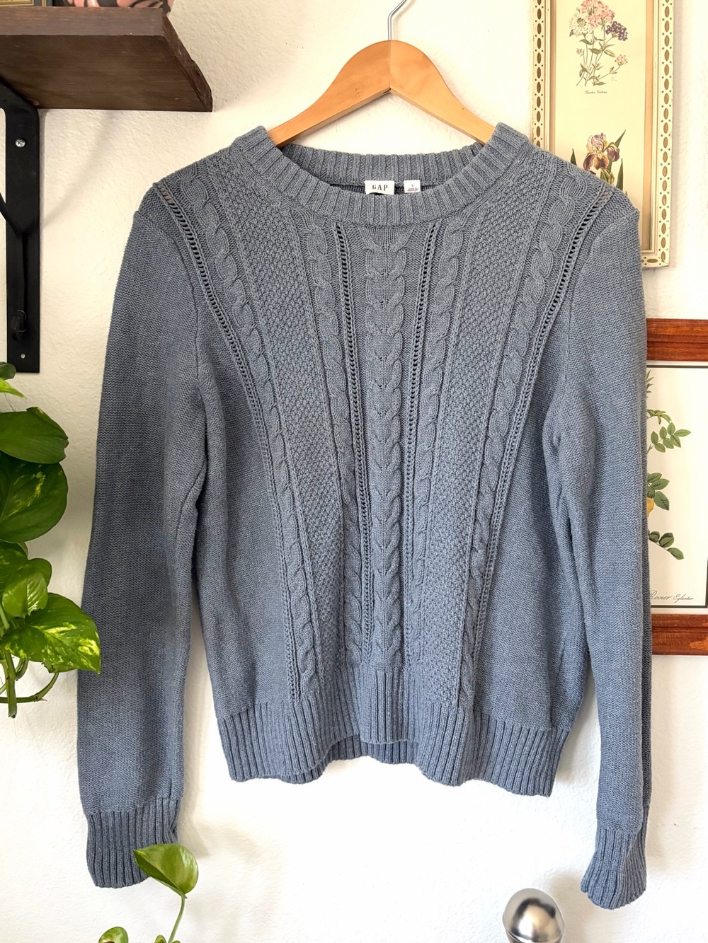 GAP Cable Knit Pullover Crewneck Cotton Sweater - Heather Slate Light Blue SMALL
